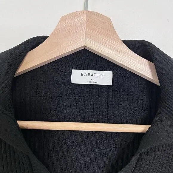 Aritzia Babaton Black Sculpt Knit Long Sleeve Polo Cropped Ribbed Knit Top XS - Picture 5 of 8